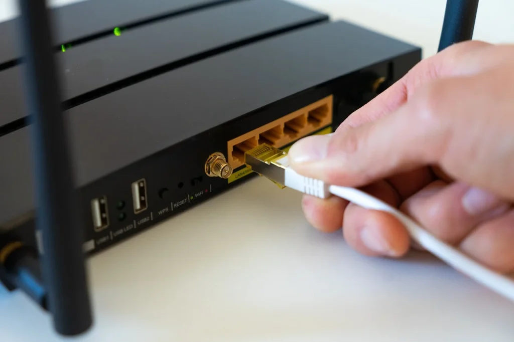 Router mit angeschlossenem LAN-Kabel – stabile Verbindung zum Fernseher